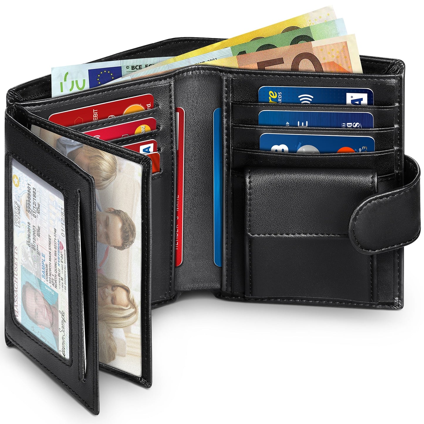 eybag Men Genuine Leather Wallet Business Purse RFID Card Holder Transparent Windows Bank Note Coin Compartment Black