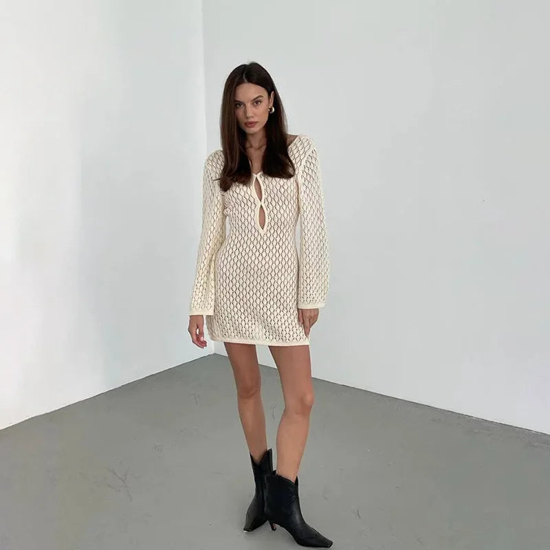 eybag Beige Knitted Hollow Out Mini Dress Women Long Sleeve Backless Slim Summer Beach Dress Female Fashion Sexy Cover-Ups 2024