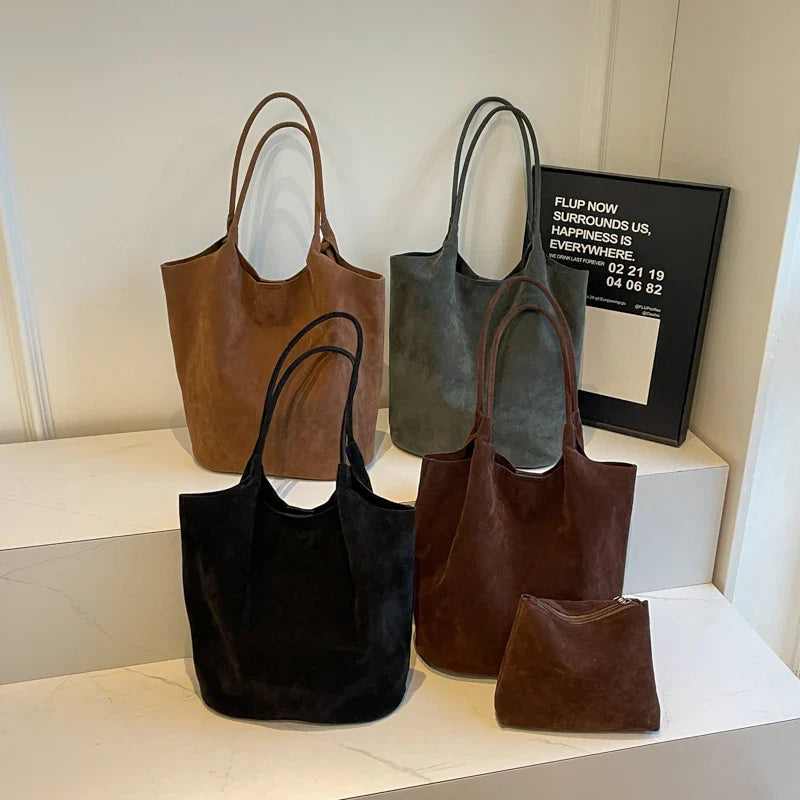 eybag Suede Sewing Thread Retro Women's Shoulder Bags Zipper Casual Versatile 2024 New Solid Colors High Capacity Casual Tote