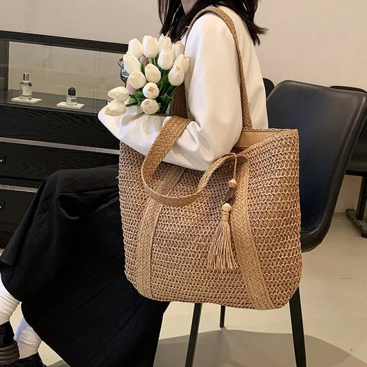 eybag Elegant Ladies Straw Woven Handbag Women Holiday Beach Commute Casual Tote Top-Handle Bags Fashion Retro Shoulder Bags 2024