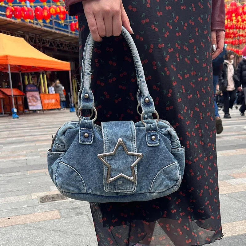 eybag Korean Fashion Vintage Metal Star Aesthetic Denim Women Underarm Shoulder Bag New Y2k Streetwear Ladies Purses and Handbags