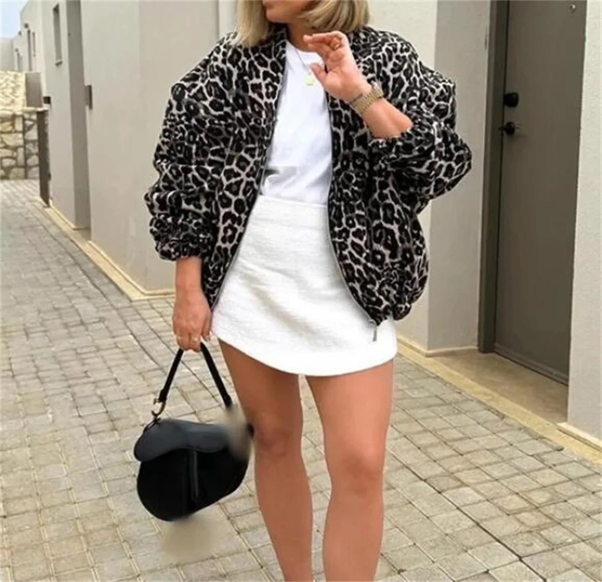 eybag Women Zipper Leopard Jacket Fashion Retro Long Sleeve Coat 2024 New Autumn Winter Female Jackets High Street Outwear Warm Coats