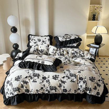 -2/3PC French Vintage Black Ruffles Duvet Cover Set, With Pillowcases, Nordic Luxury Flowers Plant Quilt Cover Set, Bedding Set