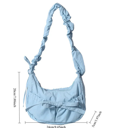 eybag Popular Preppy Style Nylon Bow Hobo Bag Women Cute Pretty Pleated Shoulder Crossbody Bag Drawstring Exquisite Shoulder Bag