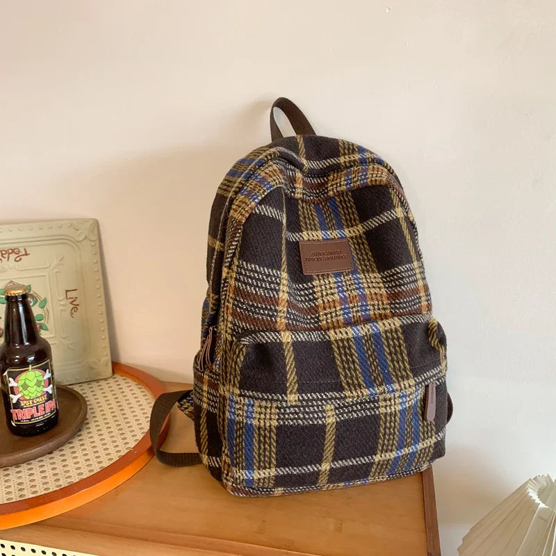 eybag Vintage Plaid Woollen Cloth Women's Backpack Student Book Backpacks for Teenage Girls School Bags Large CapacityTravel Rucksack