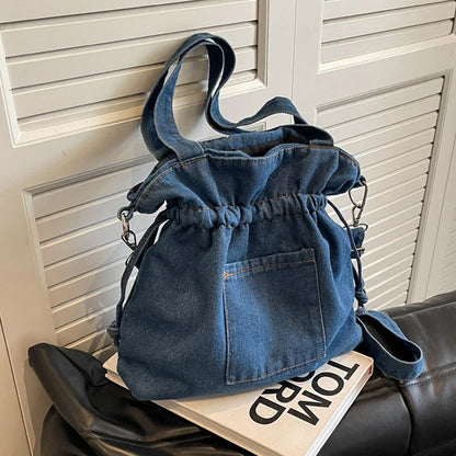 eybag Fashion Denim Women Bucket Shoulder Bag High Capacity Female Crossbody Bags Ruffled Denim Under Arm Bag for Women