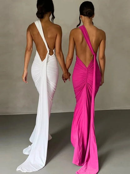 eybag Oblique Shoulder Backless Maxi Dress For Women Gown Summer Back Strap Sleeveless Ruched Party Sexy Long Dress Vestidos