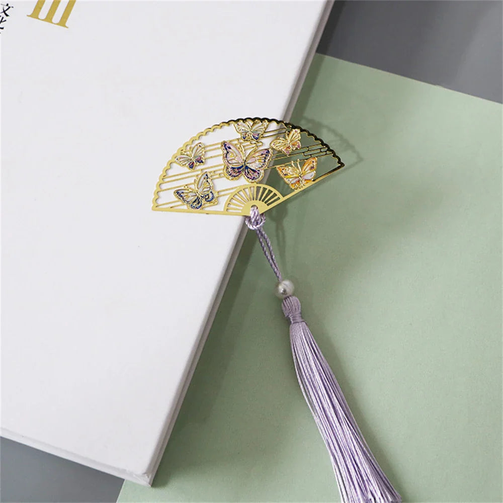 eybag Exquisite Hollow Fan Shape Bookmarks With Tassel Beautiful Chinese Style Metal Book Mark Student Stationery Reading Supplies