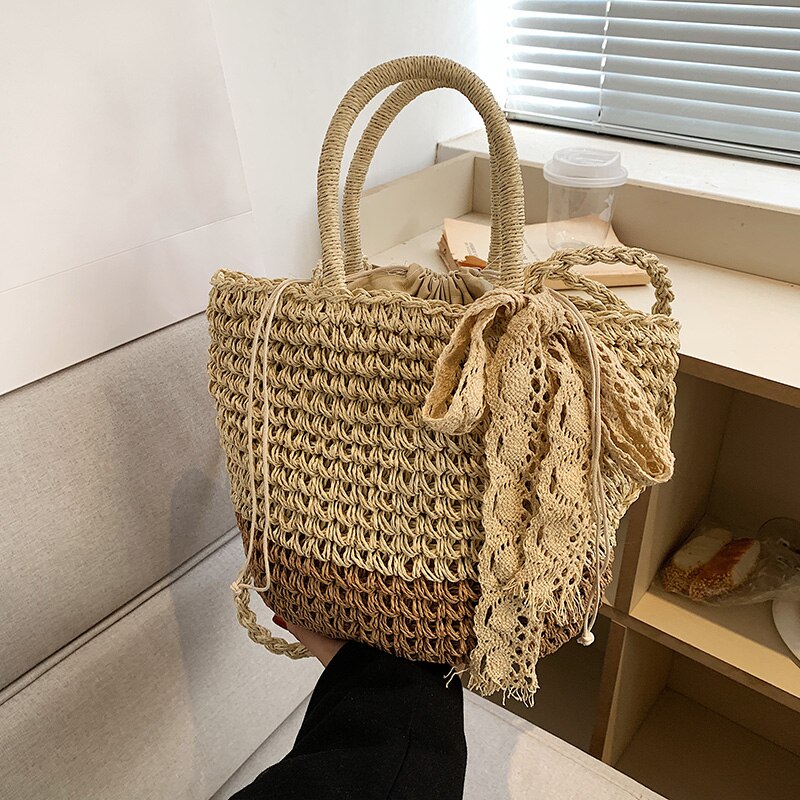 eybag New Straw Woven Bag Fashion Silk Scarf Women's Shoulder Crossbody Bag Luxury Trendy Woven Handbags for Female Handbag 2023