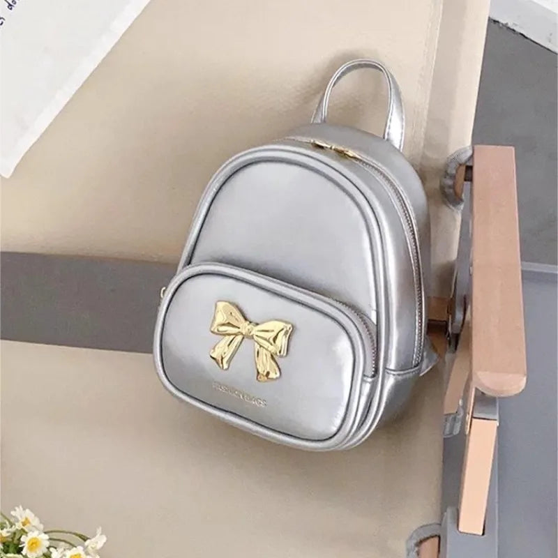 eybag Silver Leather Womens Backpack Summer Elegant Bow Casual Small Backpack Youth Female Fashion Aesthetic Korean Popular Bag