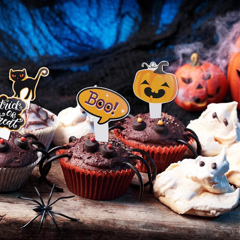 -16-48pcs Halloween Cupcake Toppers Pumpkin Ghost Bat Cake Flag Dessert Cake Decorations Kids Halloween Birthday Party Supplies