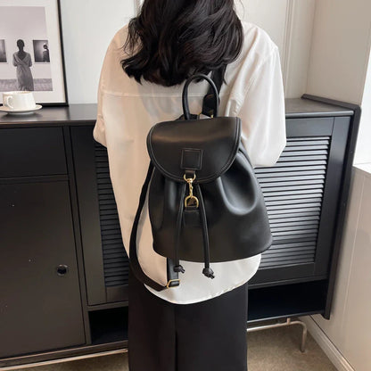 eybag Genuine PU Leather Backpack Female Large Capacity Casual School Bag Solid Drawstring Travel Shoulder Bag Korean Fashion Backpack