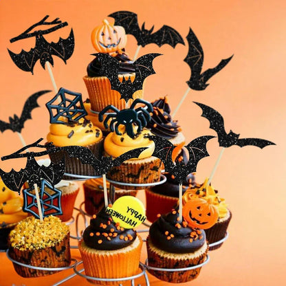 -12/24Pcs Halloween Bat Cupcake Toppers Mixed Black Bat Cupcake Pick Flags Kids Halloween Birthday Party Cake Decoration Supplies