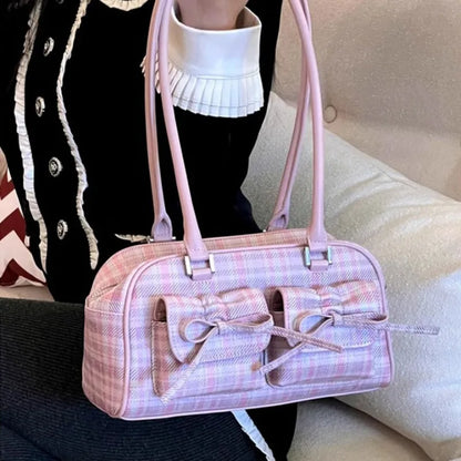 eybag Pink Elegant Womens Shoulder Bag Plaid Bow Vintage Leather Cute Leather Handbag Casual Sweet Bow Exquisite New Armpit Bag