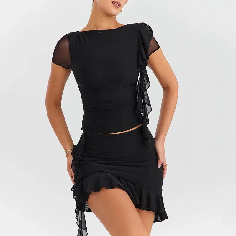 eybag Asymmetric Ruched Ruffle Matching Sets Sexy Fringe Bodycon 2 Piece Set Skirt Sets