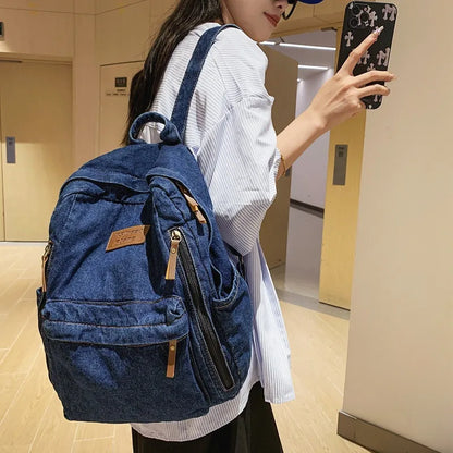 eybag Casual Cowboy Women Backpack Large Capacity Denim Schoolbag for Teenage Girls Backpacks Travel Female Rucksack Mochila Blue