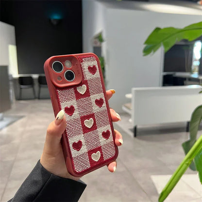 eybag Embroidery Love Heart Plush Phone Case for IPhone 15 14 13 12 11 Pro Max Xs Max XR 7 8 Plus Lens Protection Plaid Tpu Back Cover