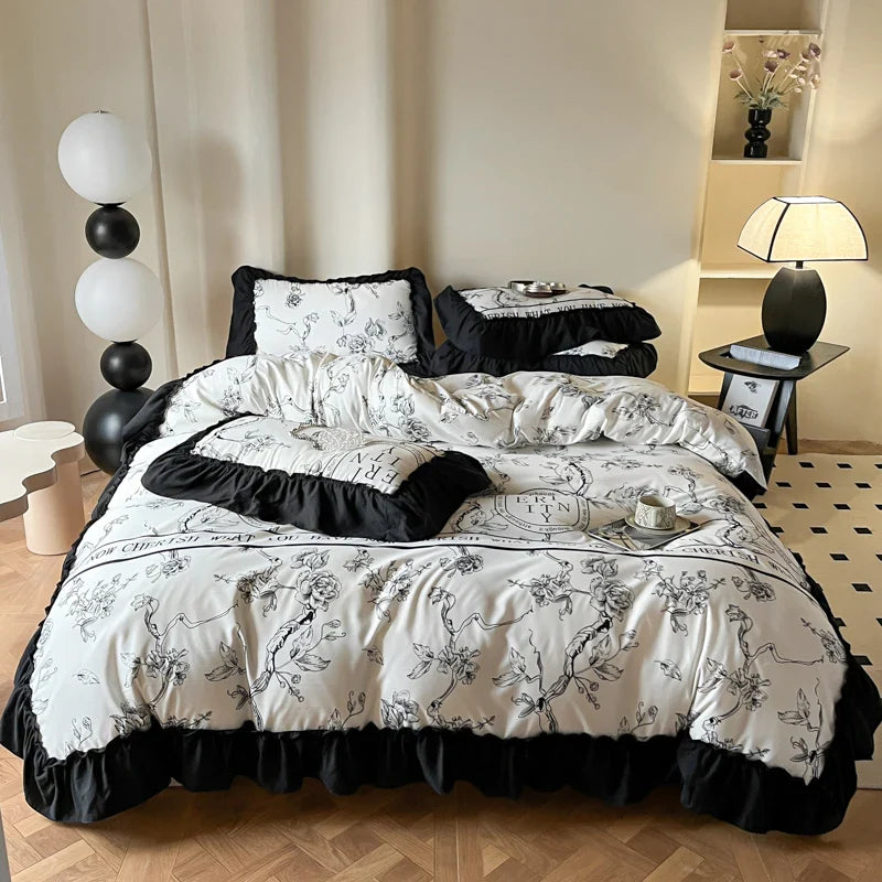 -2/3PC French Vintage Black Ruffles Duvet Cover Set, With Pillowcases, Nordic Luxury Flowers Plant Quilt Cover Set, Bedding Set