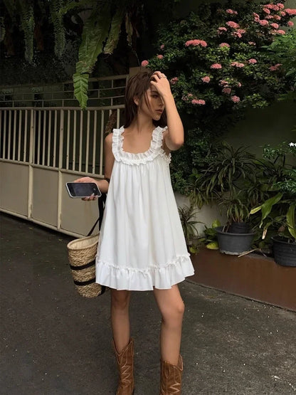 eybag Women Casual Sleeveless Ruffles Mini Dress White Boho Beach Sundress Cute Girl Home Dresses Loose Summer Dress Oversized