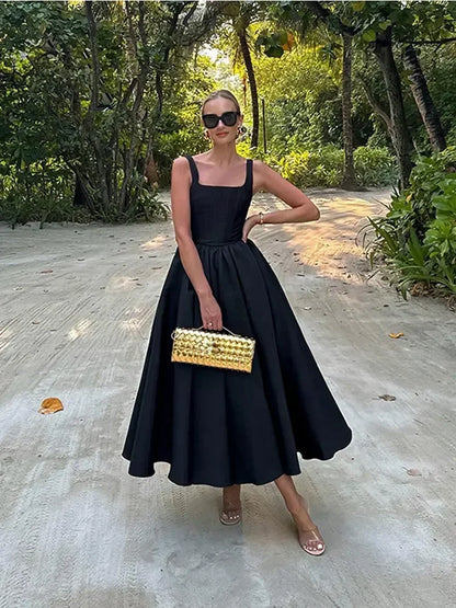 eybag Elegant Solid Sling Pleated Long Dress For Women Chic Backless Sleeveless Slim Fit Dresses Chic 2024 Summer Female Party Robes