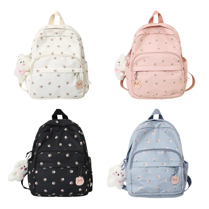 eybag 28GD Small Nylon Women Backpacks Casual Lightweight Daypack Anti-Theft Bookbag with Cute Plush Bear Charm for Girls