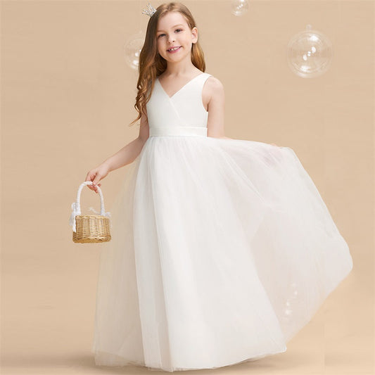 Teen Girl Party Dress for Wedding Backless Princess Dress Girl Bridesmaid Pearl Sleeveless Long Dress Child Ceremony Event Gowns