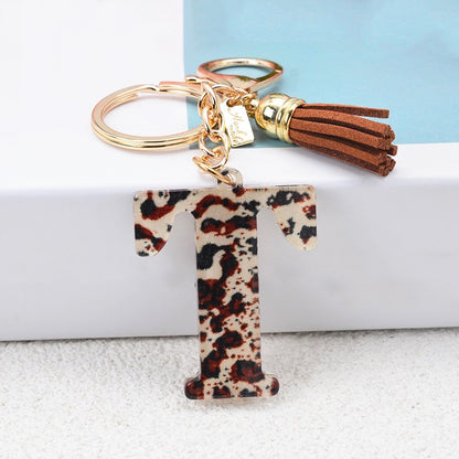 Lkblock Fashion Acrylic Leopard Letter Keychain With Tassel Fashion Couple 26 A-Z Initial Letter Pendant With Key Ring For Women Bag