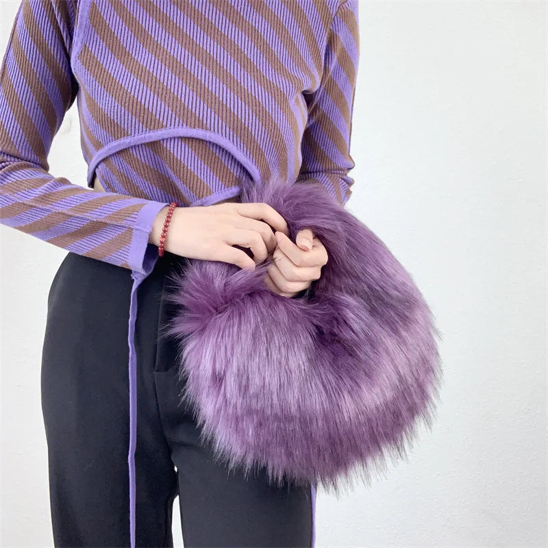 eybag Luxury Faux Fur Hobos Handbags Fluffy Plush Shoulder Bag for Women Winter Fashion Female Furry Underarm Bags Chain Crossbody Bag