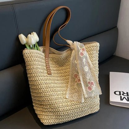 eybag Summer Large Capacity Tote Bag Women Shoulder Bag Handmade Woven Bag Fresh Rural Handheld Grass Woven Women Bag   36.25