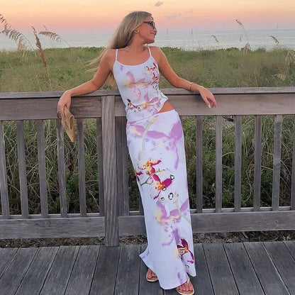 eybag Summer Sexy Sweet Butterfly Print Spaghetti Straps Top Slit Long Skirt Suit Backless High Waist Elegant Vacation Streetwear Set