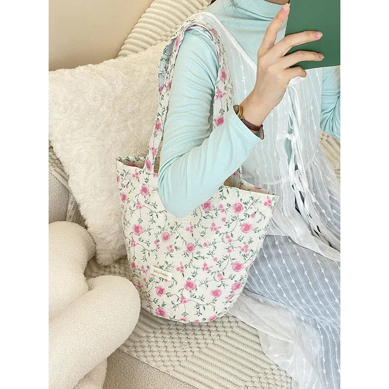 eybag 1 Pc Aesthetic Pink Floral Shoulder Bag for Women Retro Korean Fashion Tote Bag for Student Portable High Capacity Storage Bag