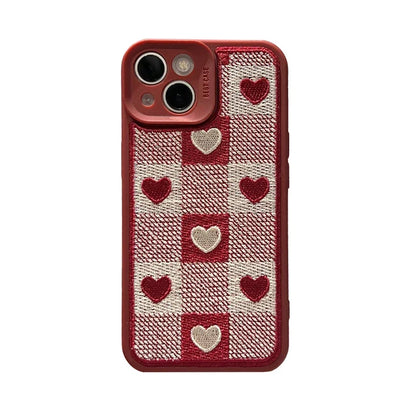 eybag Embroidery Love Heart Plush Phone Case for IPhone 15 14 13 12 11 Pro Max Xs Max XR 7 8 Plus Lens Protection Plaid Tpu Back Cover