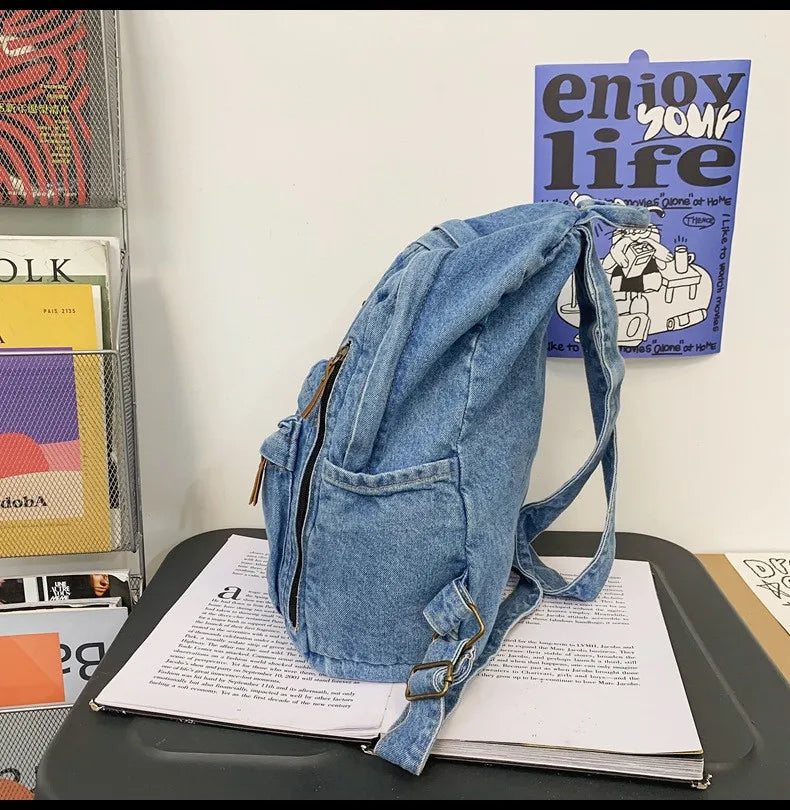 eybag Casual Cowboy Women Backpack Large Capacity Denim Schoolbag for Teenage Girls Backpacks Travel Female Rucksack Mochila Blue