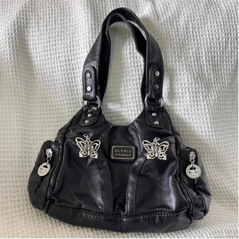 eybag Y2k Black Womens Shoulder Bag Gothic Original Advanced Fashion Tote Bag Large Capacity Leather Motorcycle Vintage Handbag