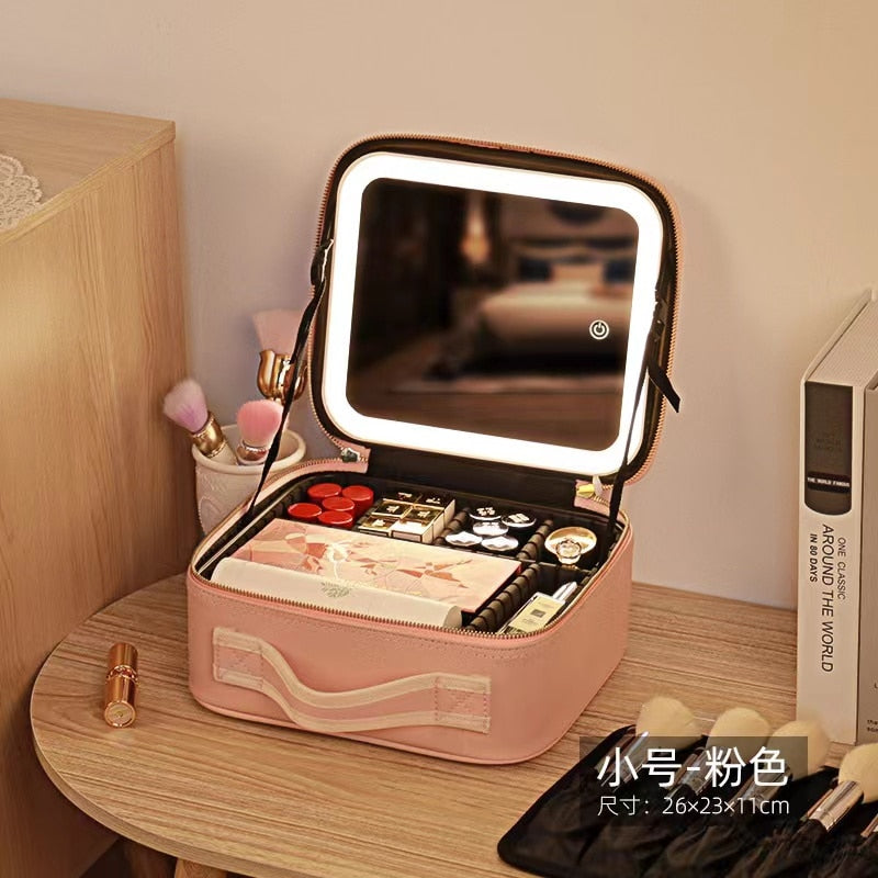 Lkblock Cosmetic Case Make up Bag Women's Handbags Smart LED Light Mirror Makeup Organizers Storage Box Bags Travel Beauty Toiletry Kit