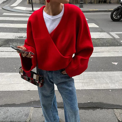 eybag Casual V-neck Woolen Thin Coats Women Vintage Long Sleeve Warm Red Coats Kimono Style 2024 Elegant High Street Knitwear