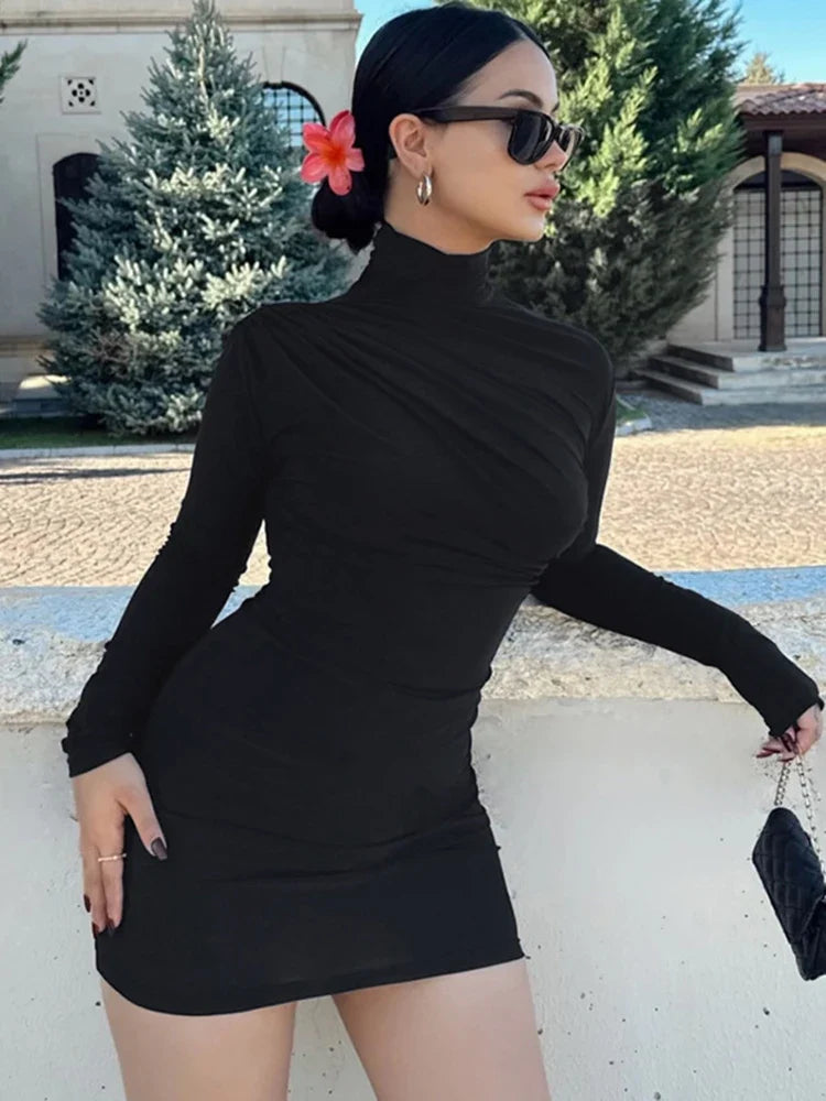 eybag Solid Long Sleeve Ruched Mini Dress For Women Bodycon Sexy Streetwear Party Elegant Outfit Birthday Short Dress Evening