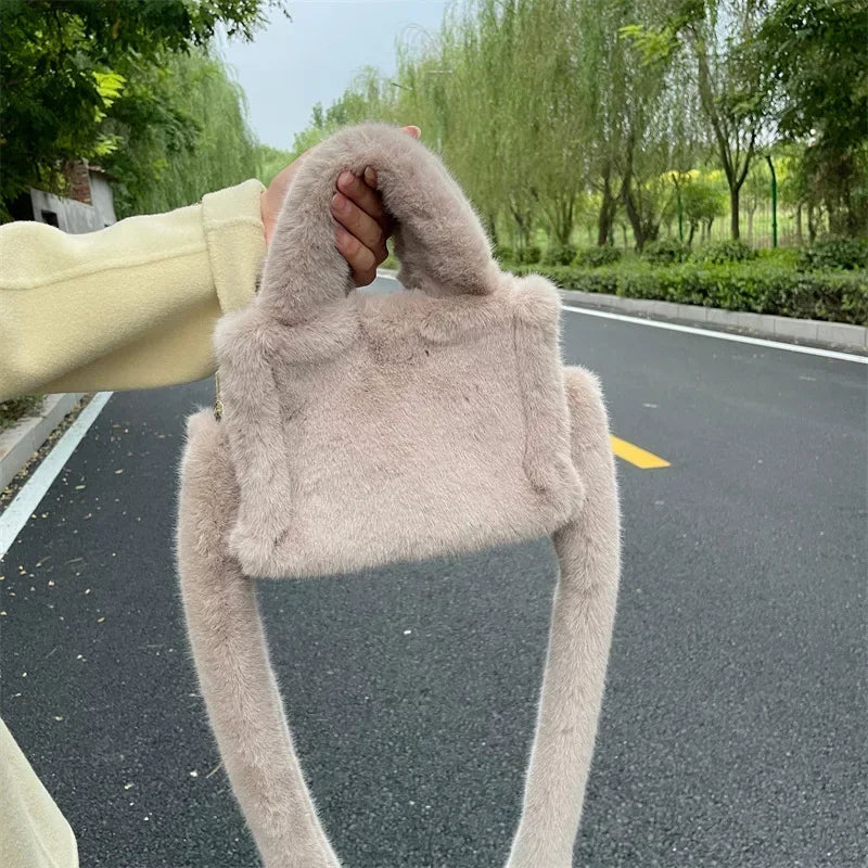 eybag Simple Solid Color Faux Fur Women's Shoulder Bags Luxury Soft Plush Tote Crossbody Bag for Ladies Female Fluffy Handbags Purse