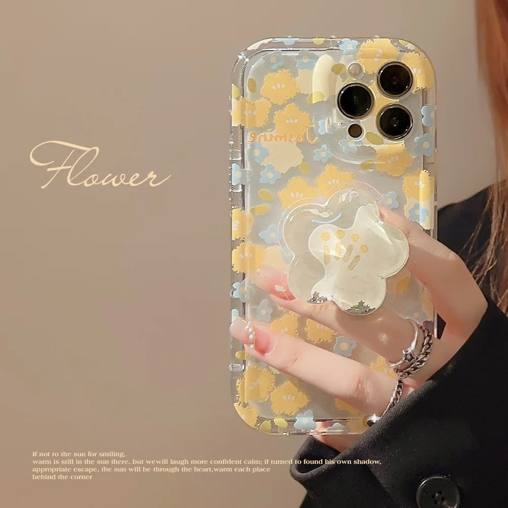 eybag Ins Artistic Flower With Holder Phone Case For iPhone 15 14 13 12 11 Pro Max Plus Soft Shockproof Bumper Clear Protective Cover