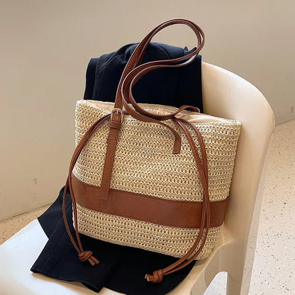 eybag Summer Straw Bag For Women Woven Handmade Handbag Large Capacity Lady Tote Vacation Beach Bag Rattan Shoulder Bag splicing Totes