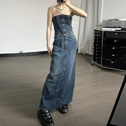 eybag Denim Strapless Buttons Stretchy Slim Slit Long Dress Casual Fashion Streetwear Summer Vacation Daily Party Women Clothes