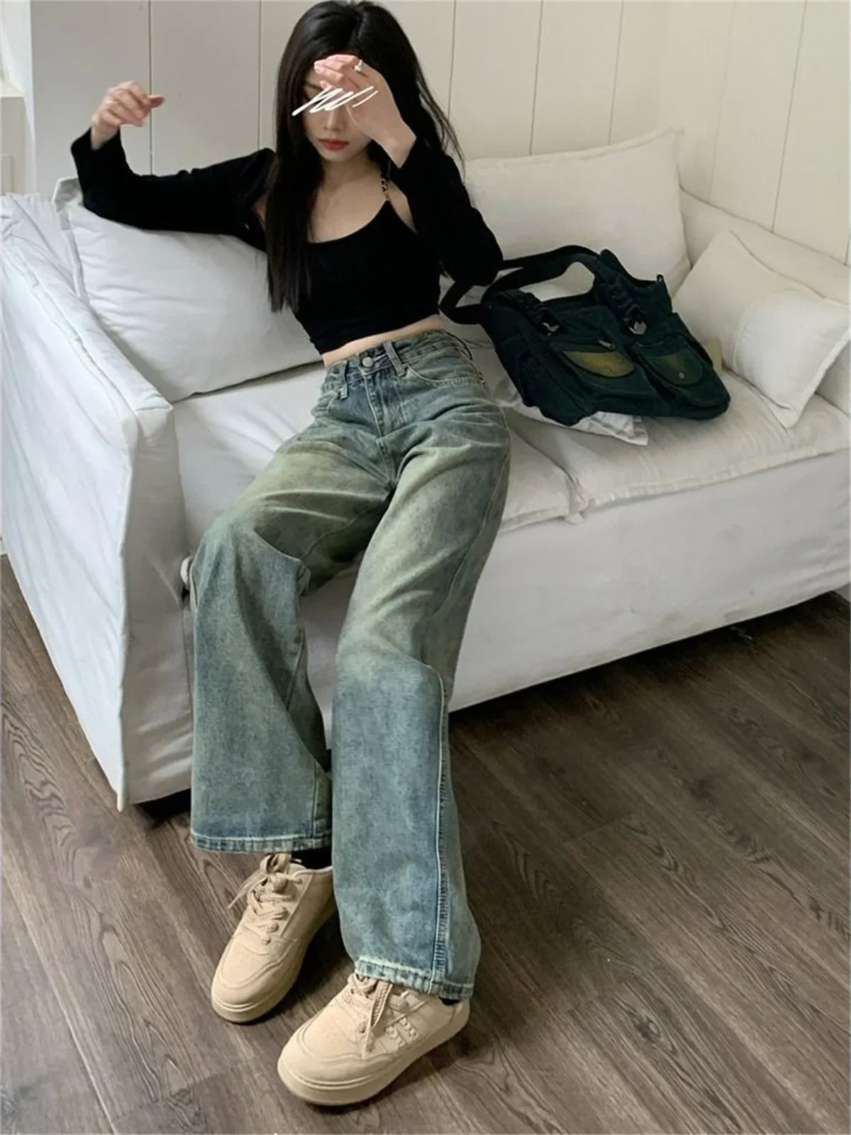 eybag Y2k Wide Leg Women Pants Vintage Blue Jeans Casual 2024 New Washed Pant Streetwear Denim Trousers Femme Baggy Clothes Chic Basic