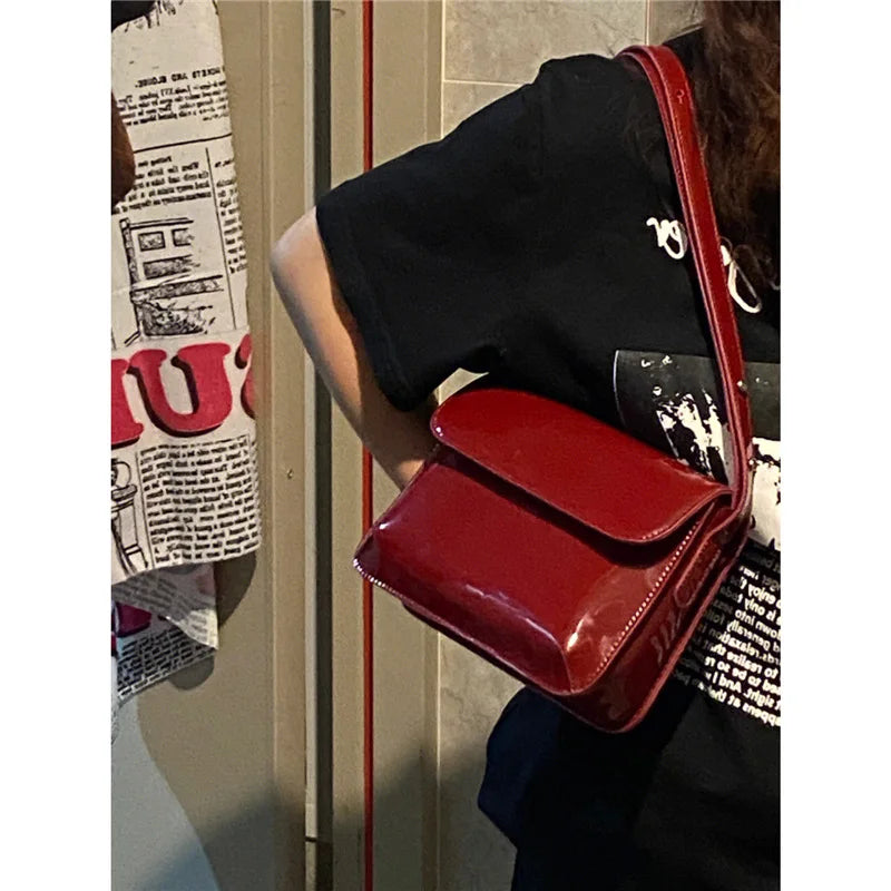 eybag Retro Patent Leather Shoulder Bag For Women Luxury Flap Crossbody Bag Solid Color Underarm Bag Red Crossbody Bag Lady Handbag