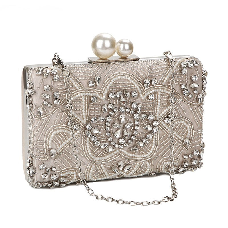 eybag Apricot Silver Crystal Clutch Bags Handmade Beaded Pearl Wedding Clutch Purse Luxury Handbags Women Shoulder Bags