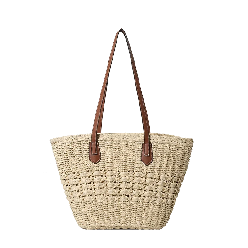 eybag Straw Woven Large Capacity Shoulder Bags Zipper Solid PU Straps Simple Fashion Handbags for Women 2024 Casual Versatile Tote