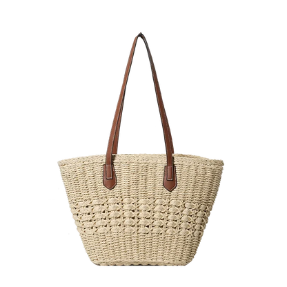 eybag Straw Woven Large Capacity Shoulder Bags Zipper Solid PU Straps Simple Fashion Handbags for Women 2024 Casual Versatile Tote