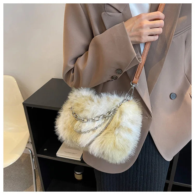 eybag Vintage Y2K Handbag Women Autumn New Hot Girls Chain Plush Soft Shoulder Bag Ladies Harajuku Grey Underarm Bag Aesthetic