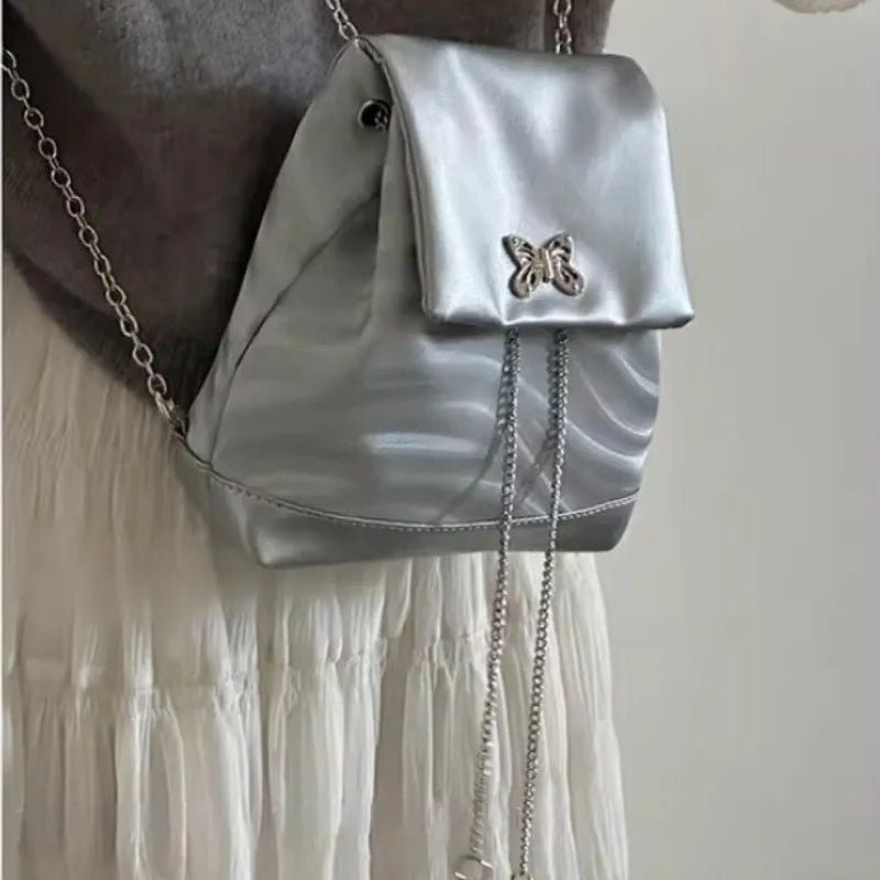 eybag Y2k Silver Womens Backpack Sweet Cool Butterfly Chains Student Fashion Backpack Casual Aesthetic Leather Daily Female Bag