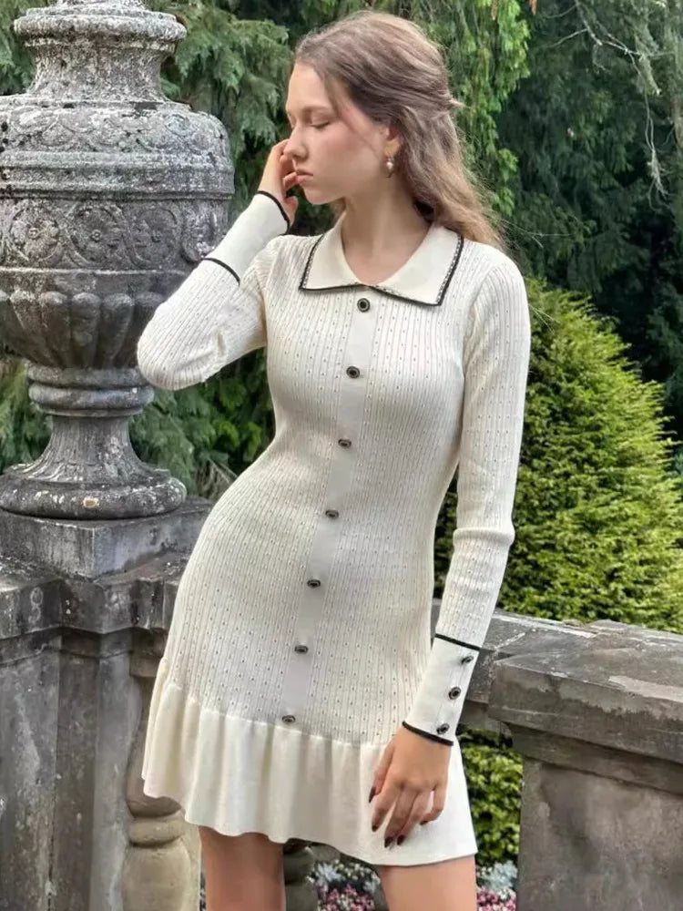 eybag Autumn Long Sleeve Knit Dress For Women Fashion Lapel Single-btrasted Button High Waist Ruffled Mini Dress Knitwear