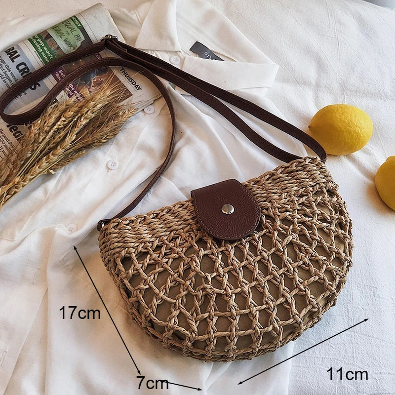 eybag Casual Half Moon Women Straw Rattan Shoulder Bags Wicker Woven Lady Hollow Crossbody Bag Summer Beach Travel Small Handbag Purse